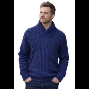 XL Men's Superfine Wool Large Blue Cable Knit Shawl Collar Sweater